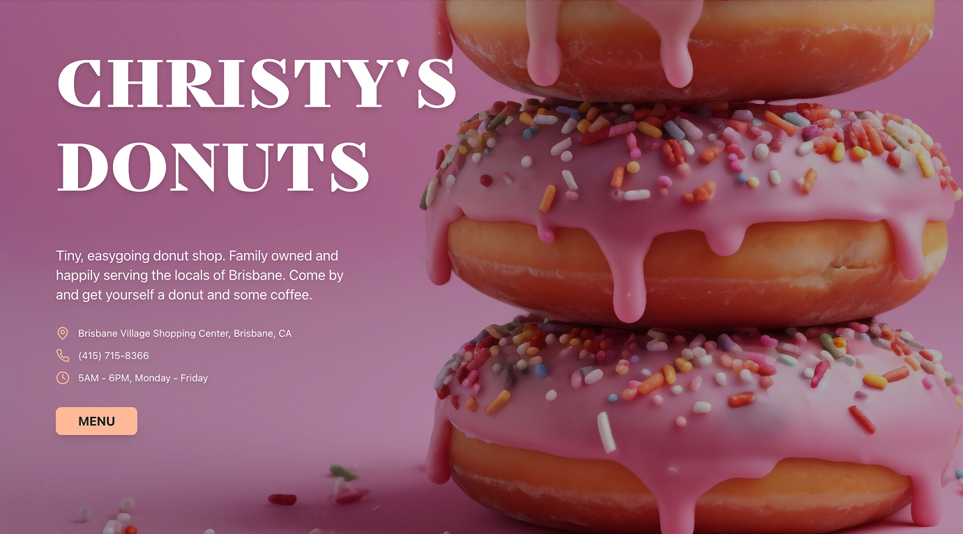 Christy's Donuts hero design with pink glazed donuts and business information